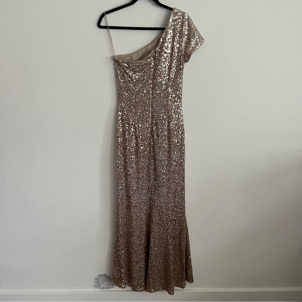 Badgley Mischka Long Sequin One Shoulder Gown - Picture 3 of 6